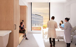 An artist rendering of a patient room at the new hospital, where everyone will have their own room and accessible washroom. A patient is sitting up in bed talking to a visitor, while two physicians are at the patient’s bedside. A large floor to ceiling window in the room provides a clear view outdoors.